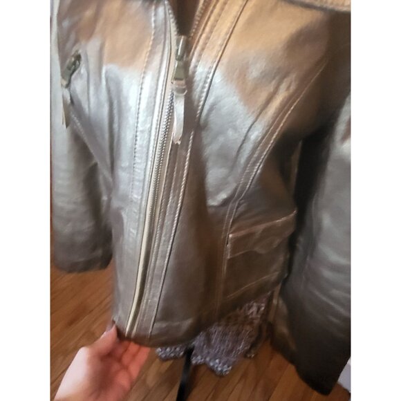 Bronze Metallic Leather Biker Jacket MIXIT L  Zipper Collar Pockets Glam - Picture 6 of 12